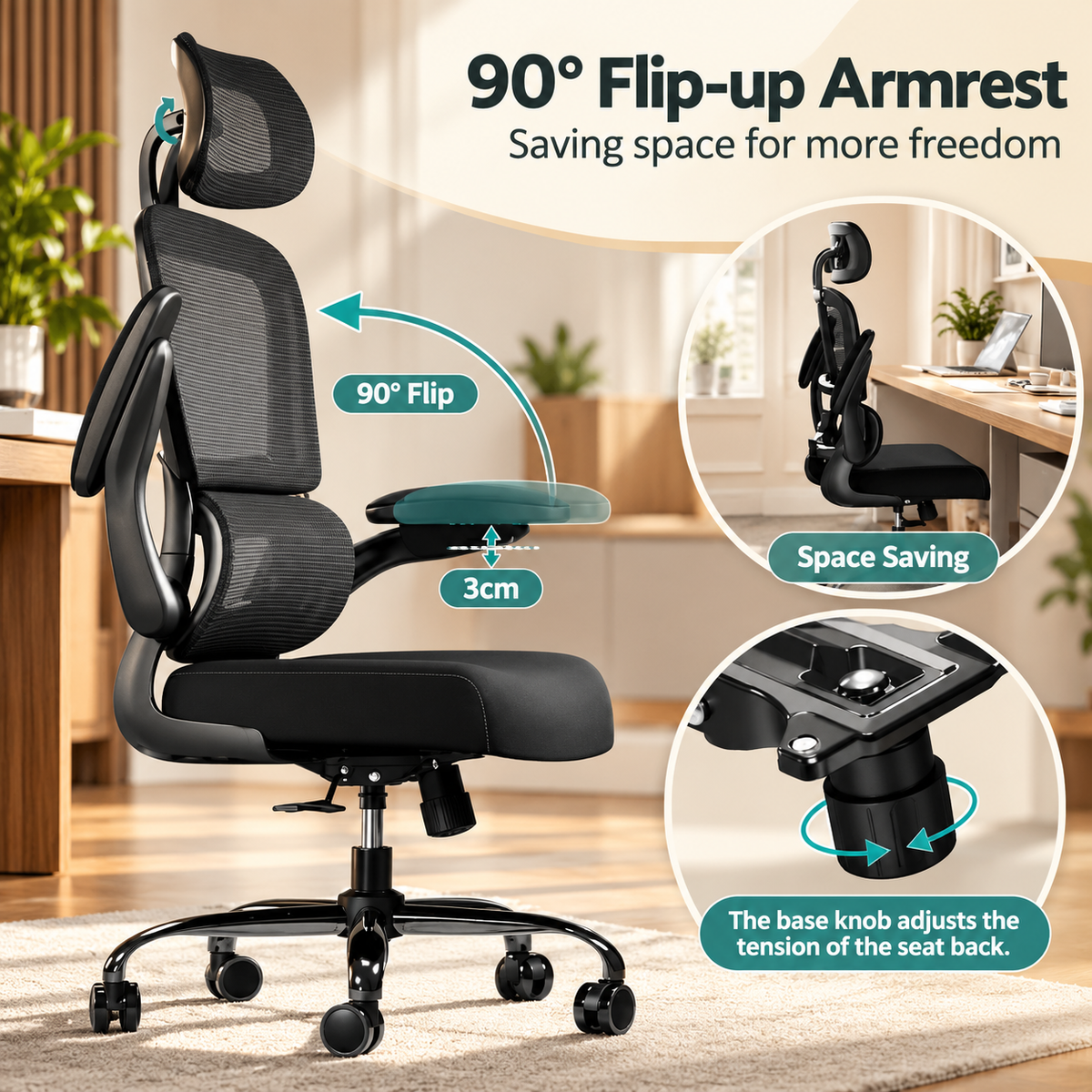 90 degree flip-up armrest for space saving under the desk