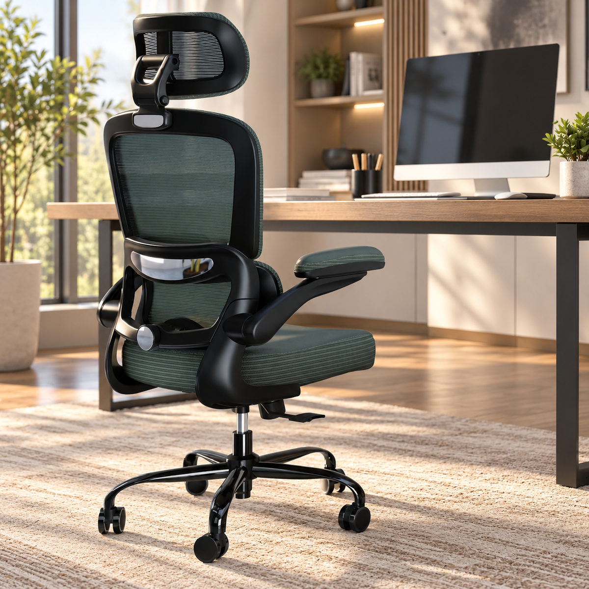 Dark green compact mesh ergonomic chair with headrest and flip-up arms at a home office desk