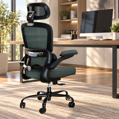 Dark green compact mesh ergonomic chair with headrest and flip-up arms at a home office desk