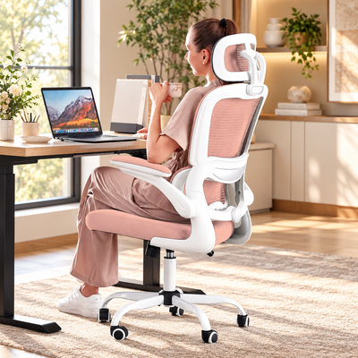 Pink compact mesh ergonomic chair with white frame, headrest and flip-up arms