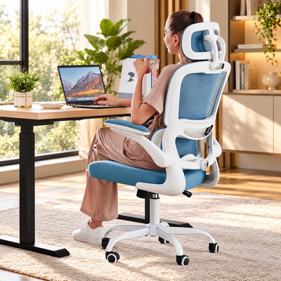 Sky blue compact mesh ergonomic chair with white frame, headrest and flip-up arms