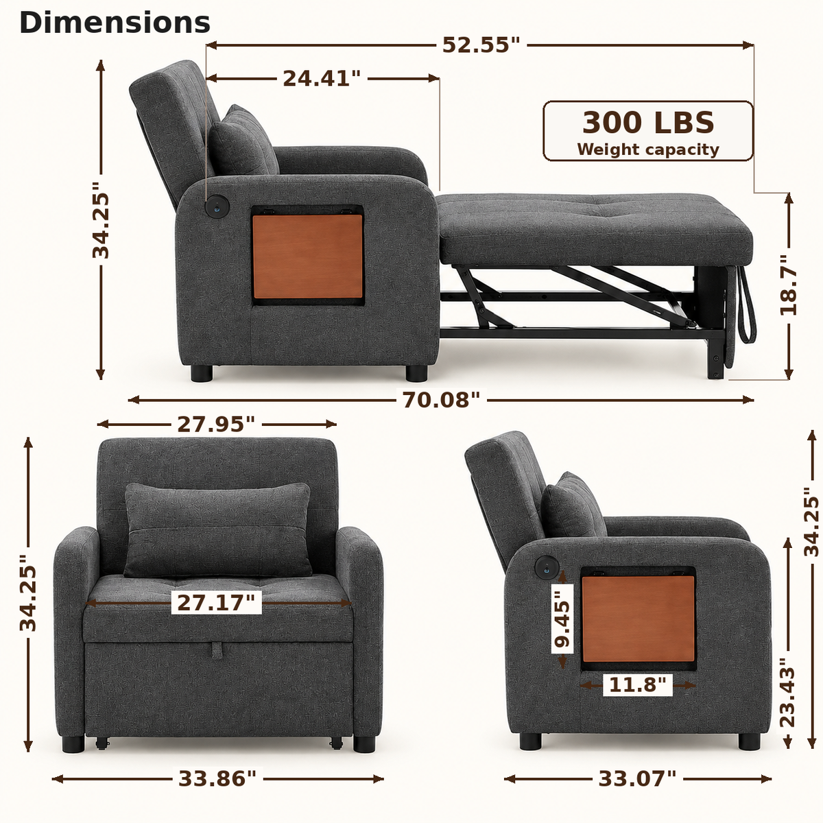 Dimensions: 33.86 x 33.07 x 34.25 inch chair, 27.17 inch seat, 70.08 inch bed length, 300 lb capacity