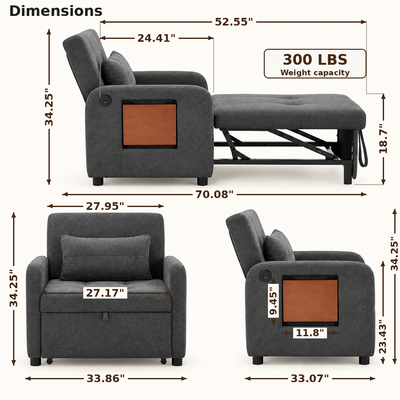Dimensions: 33.86 x 33.07 x 34.25 inch chair, 27.17 inch seat, 70.08 inch bed length, 300 lb capacity