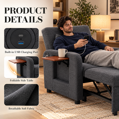 Product details: built-in USB charging port, foldable side table and breathable soft fabric