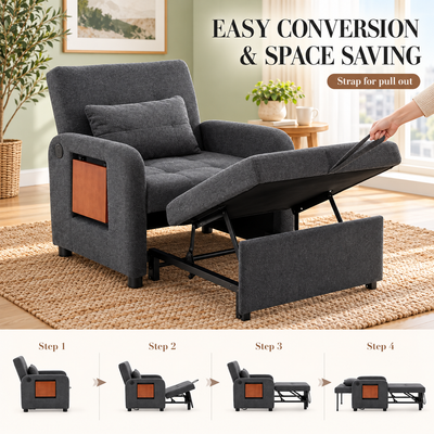 Easy four-step conversion from chair to bed using the pull-out strap