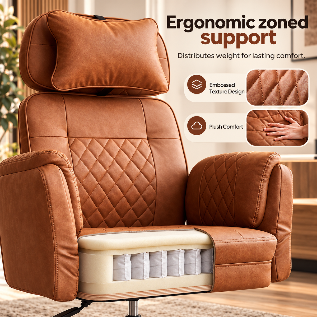 Criss-Cross Big & Tall Executive Office Chair in brown, zoned support spring seat