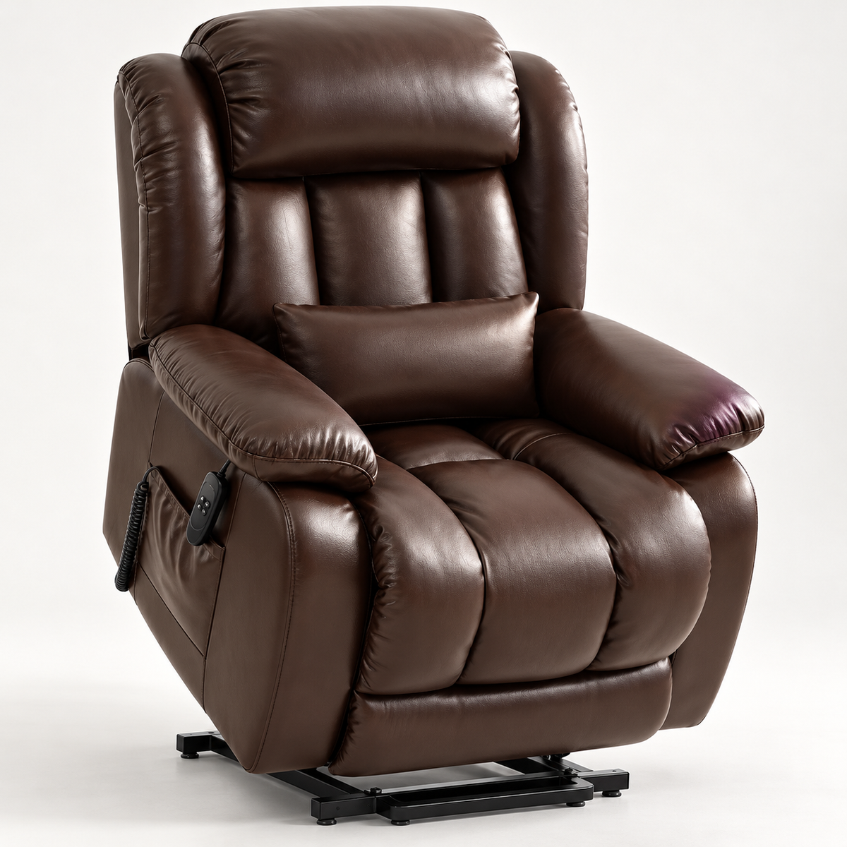 Brown leather power lift recliner with overstuffed arms, lumbar pillow, side remote and raised lift base