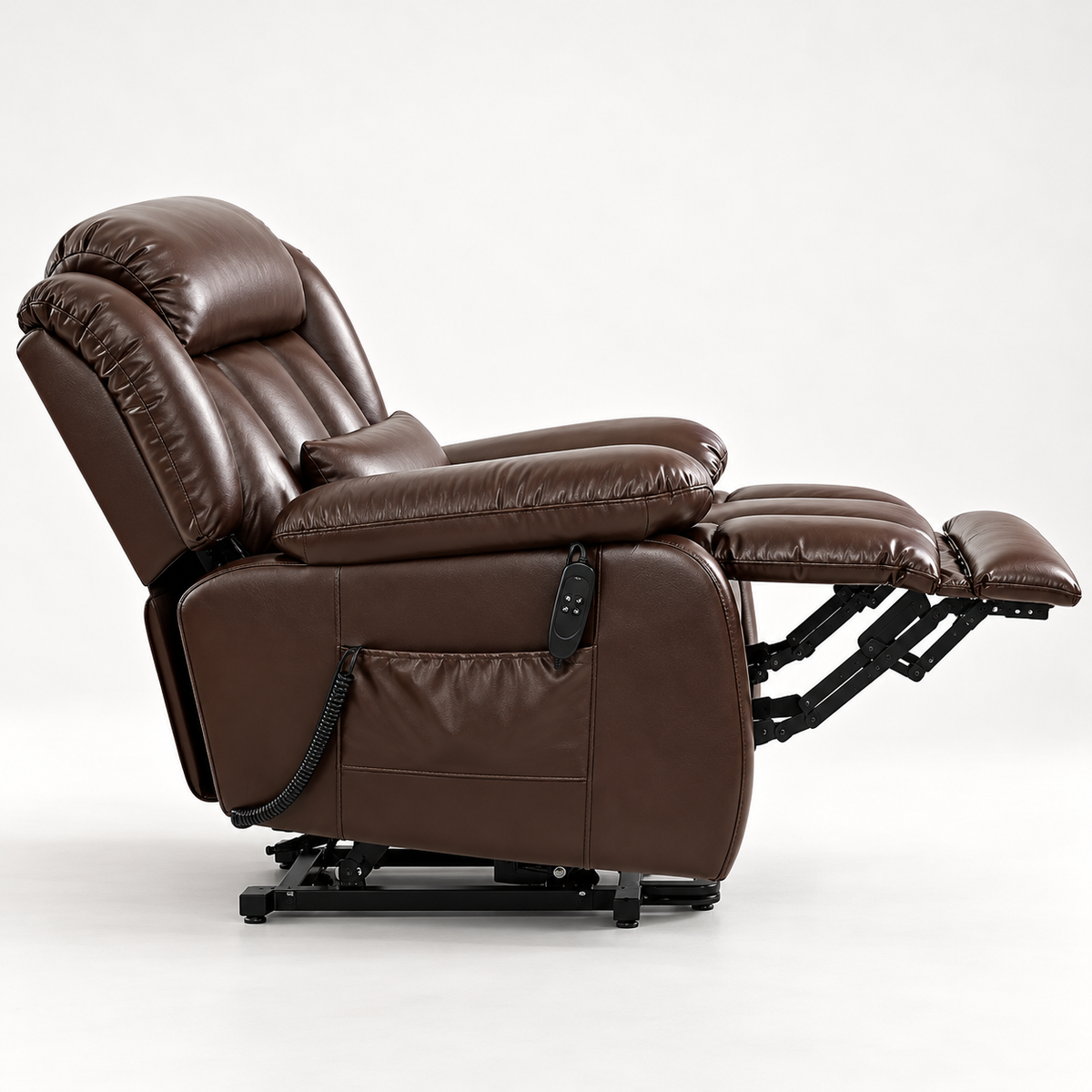 Side view of the brown leather power lift recliner with the footrest extended and a side pocket with remote