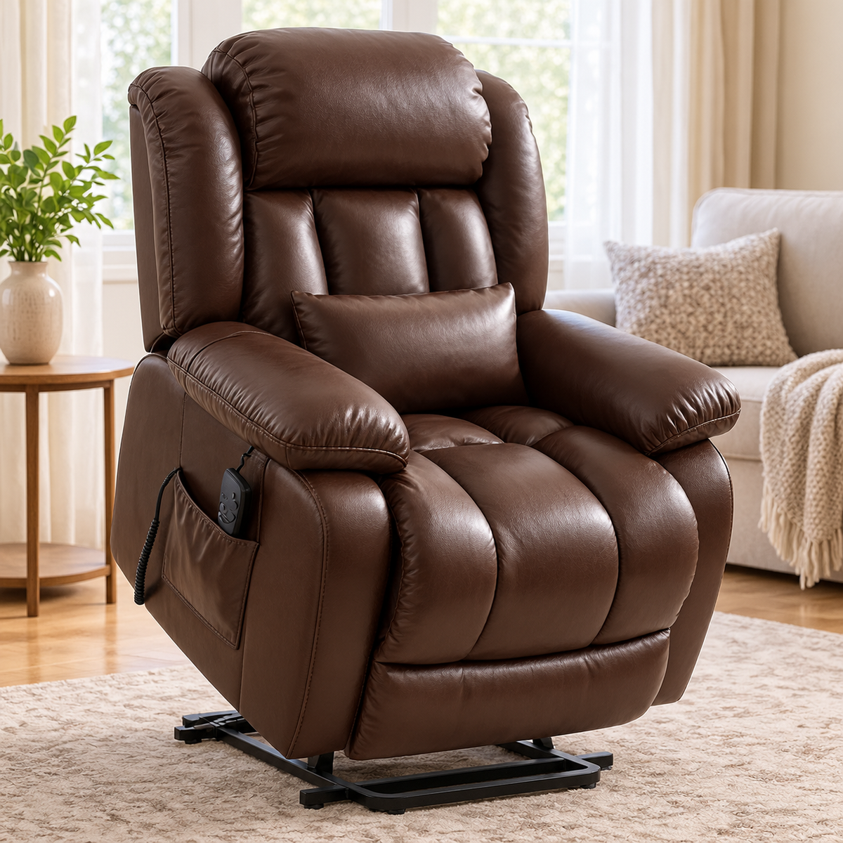 Brown leather power lift recliner in a bright living room beside a sofa and wooden side table