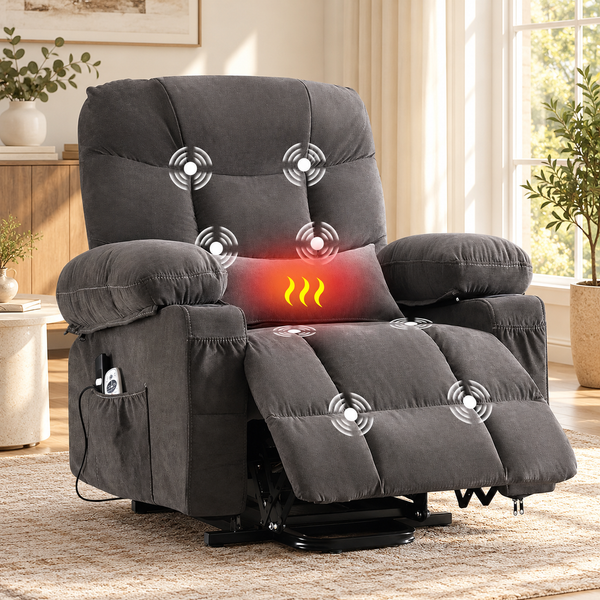 Power Lift Recliner with Extended Footrest, 8-Point Massage, Lumbar Heat and Storage Pockets, 350 lb Capacity