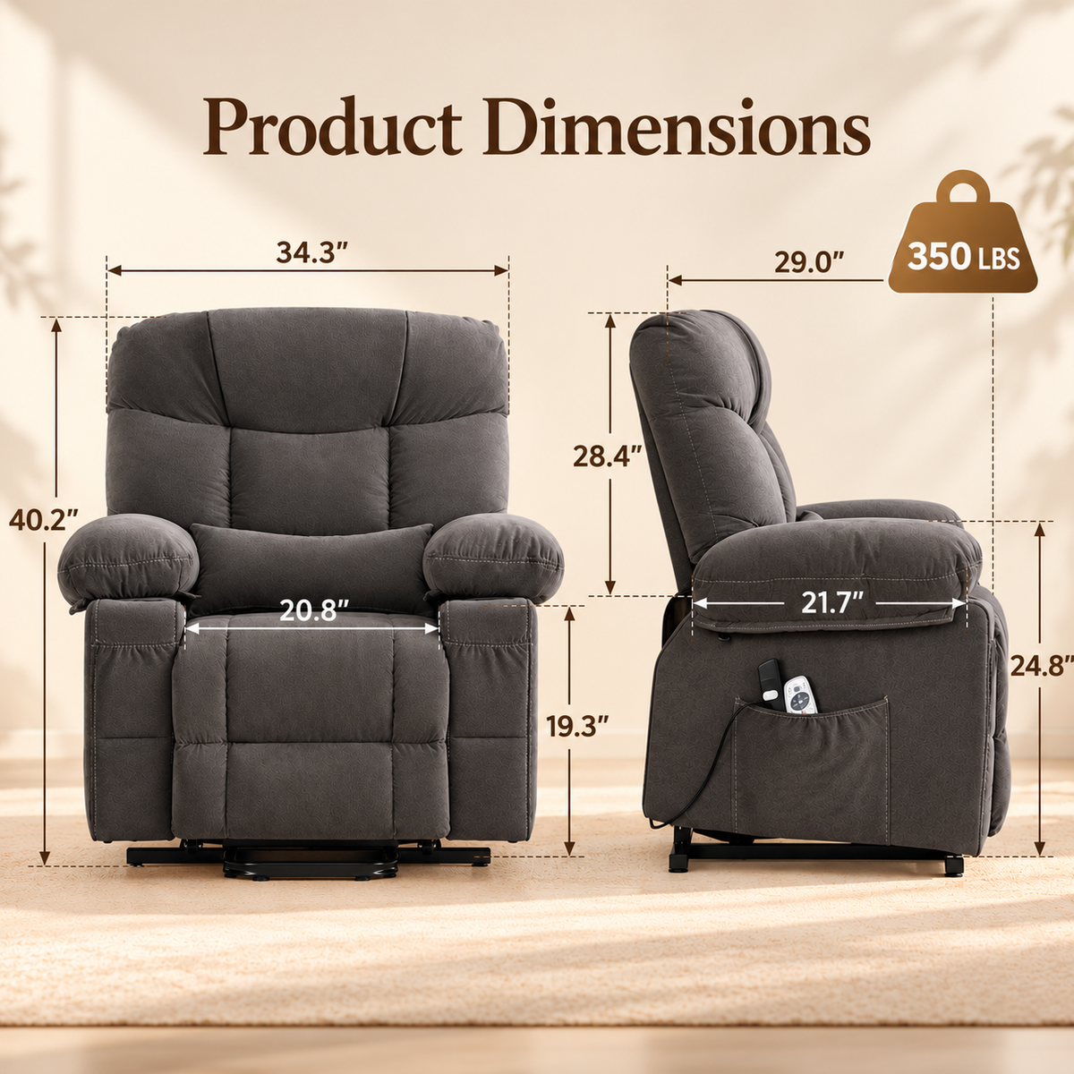 Product dimensions graphic of the grey recliner with width, depth, height, seat size and 350 lb capacity