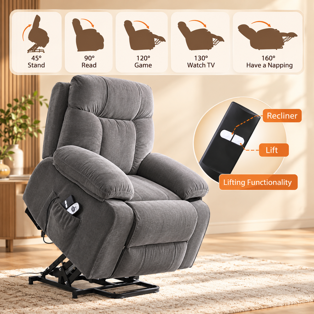 Grey power lift recliner raised on its lift base with recline positions from 45 to 160 degrees and a lift and recline remote
