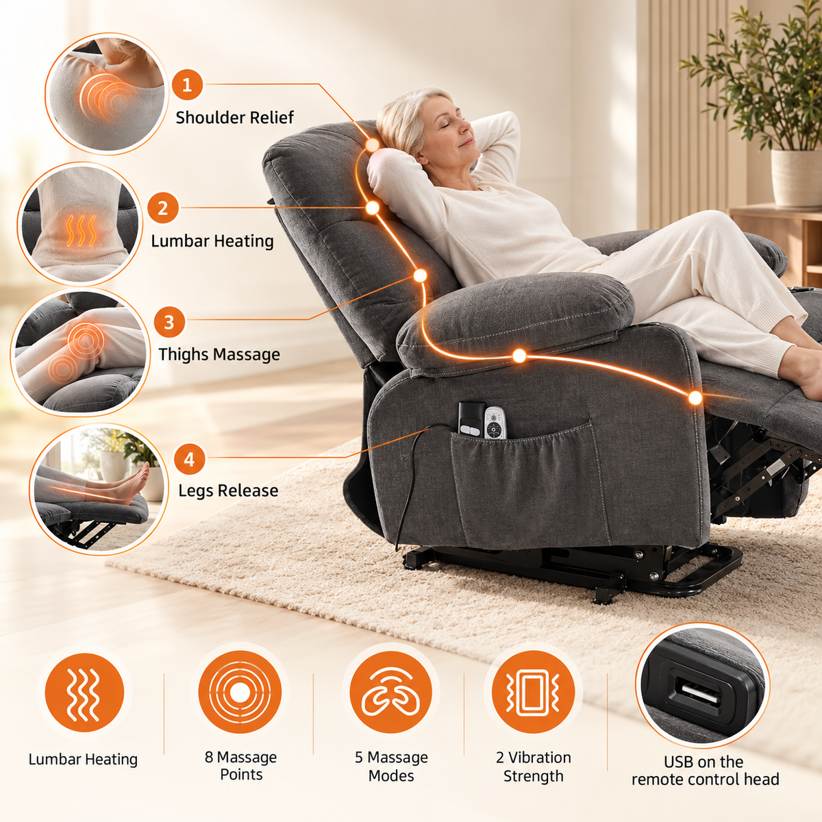Woman relaxing in the reclined grey chair with massage, lumbar heat, 8 massage points, 5 modes and remote USB port callouts