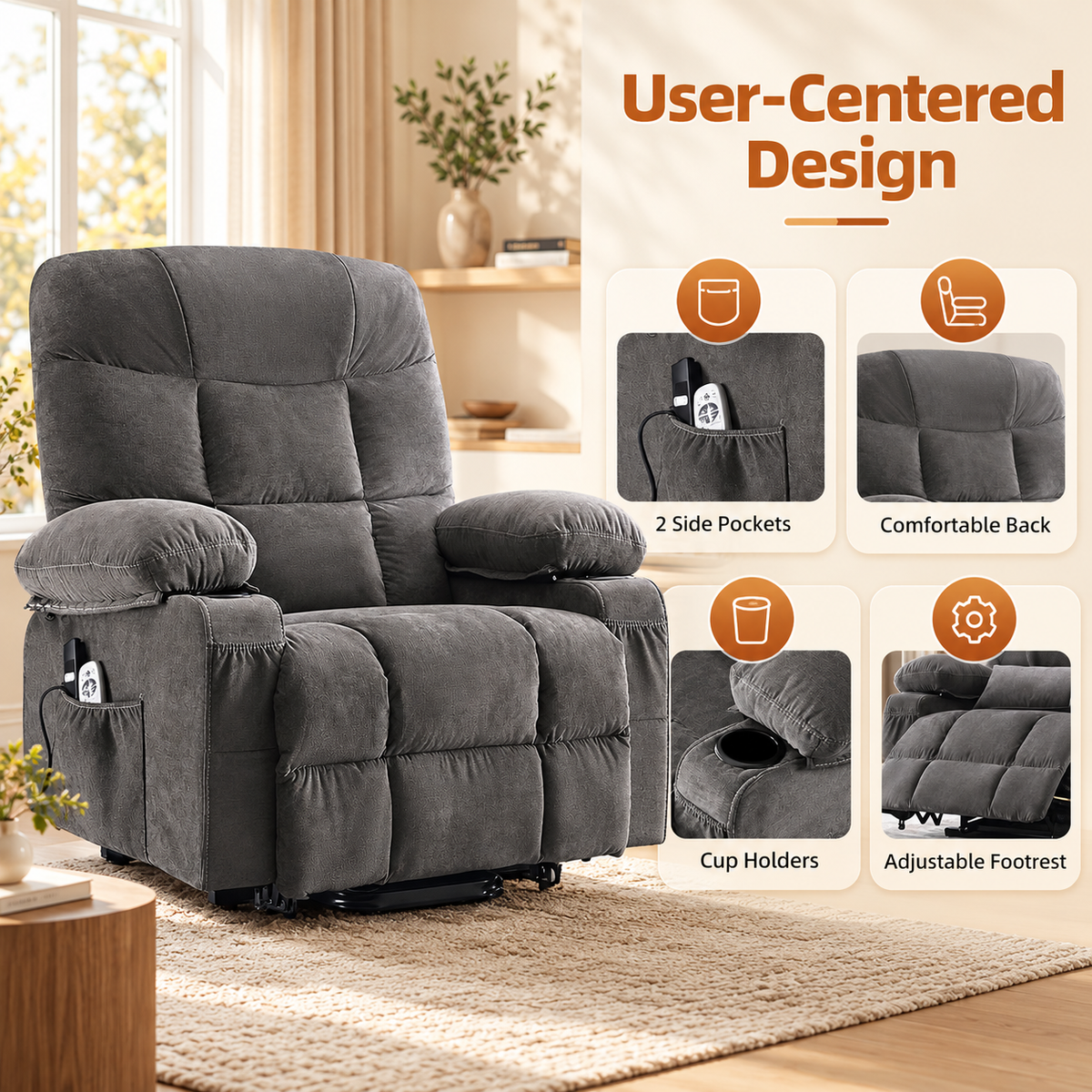 Grey recliner with callouts for side pockets, comfortable back, cup holders and adjustable footrest