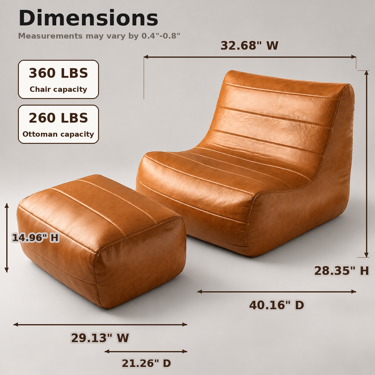 Dimensions: 32.68 x 40.16 x 28.35 inch chair, 29.13 x 21.26 x 14.96 inch ottoman, 360 lb chair and 260 lb ottoman capacity