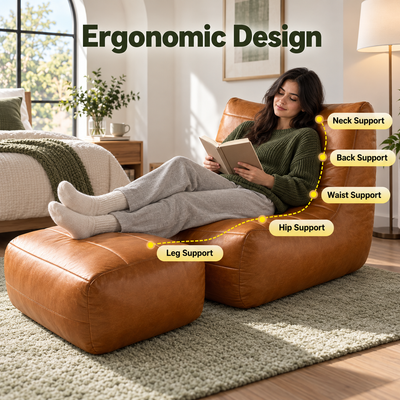 Ergonomic design with neck, back, waist, hip and leg support on the bean bag and ottoman