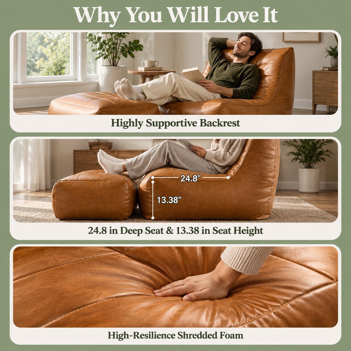 Supportive backrest, 24.8 inch deep seat with 13.38 inch seat height and high-resilience shredded foam
