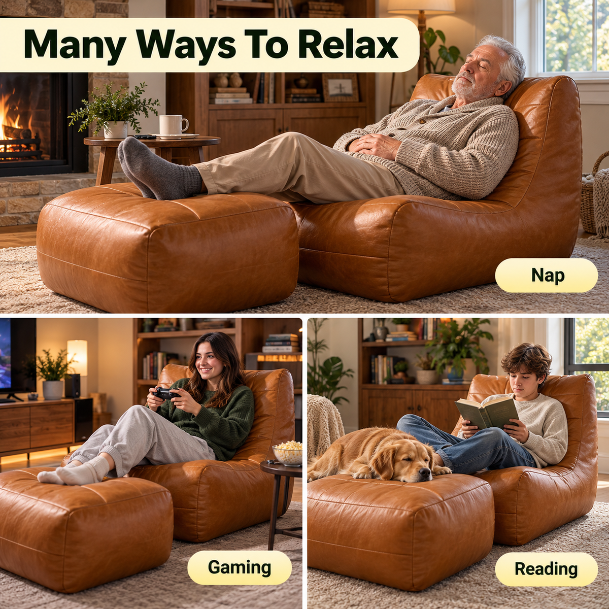Many ways to relax: napping, gaming and reading on the faux leather bean bag chair