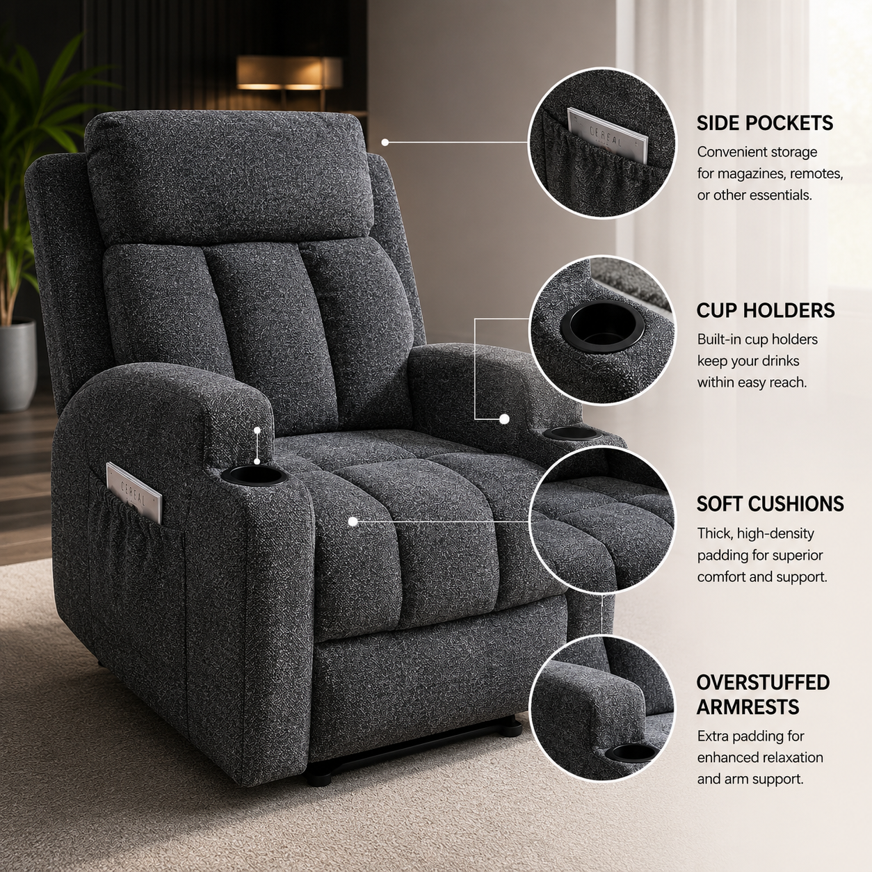ORKA COMFORT Heated Massage Recliner with Side Pockets & Cup Holders