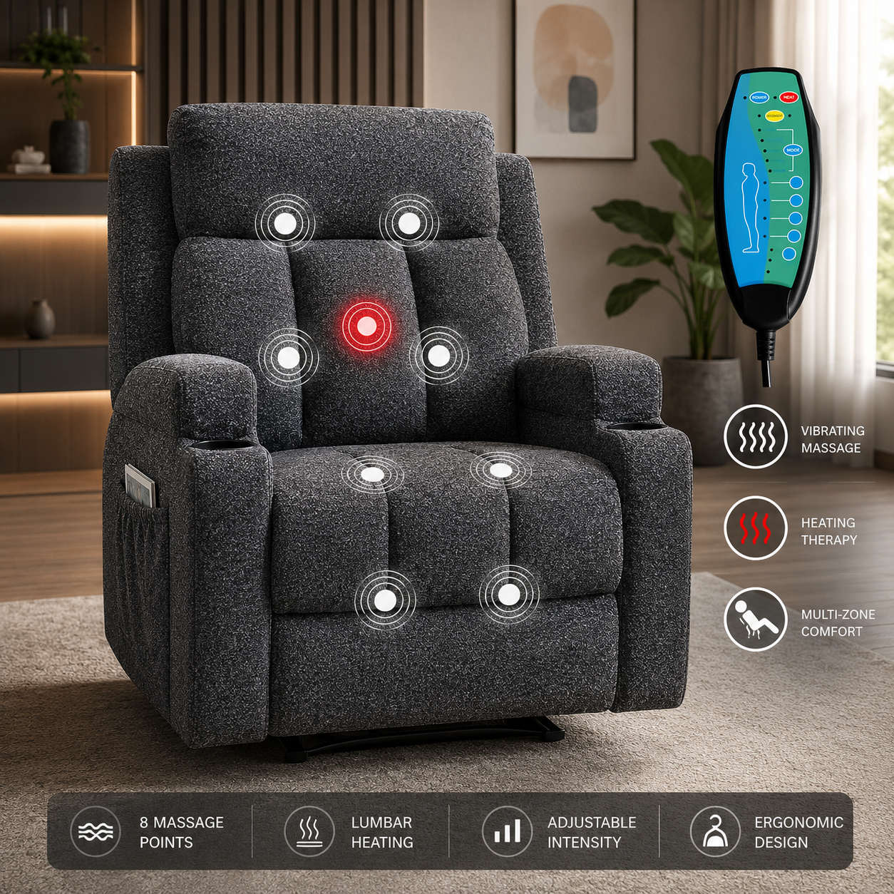 ORKA COMFORT Heated Massage Recliner with Side Pockets & Cup Holders