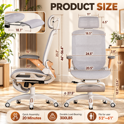 Mesh ergonomic chair product size graphic with dimensions, 18.1 inch footrest and 300 lb capacity