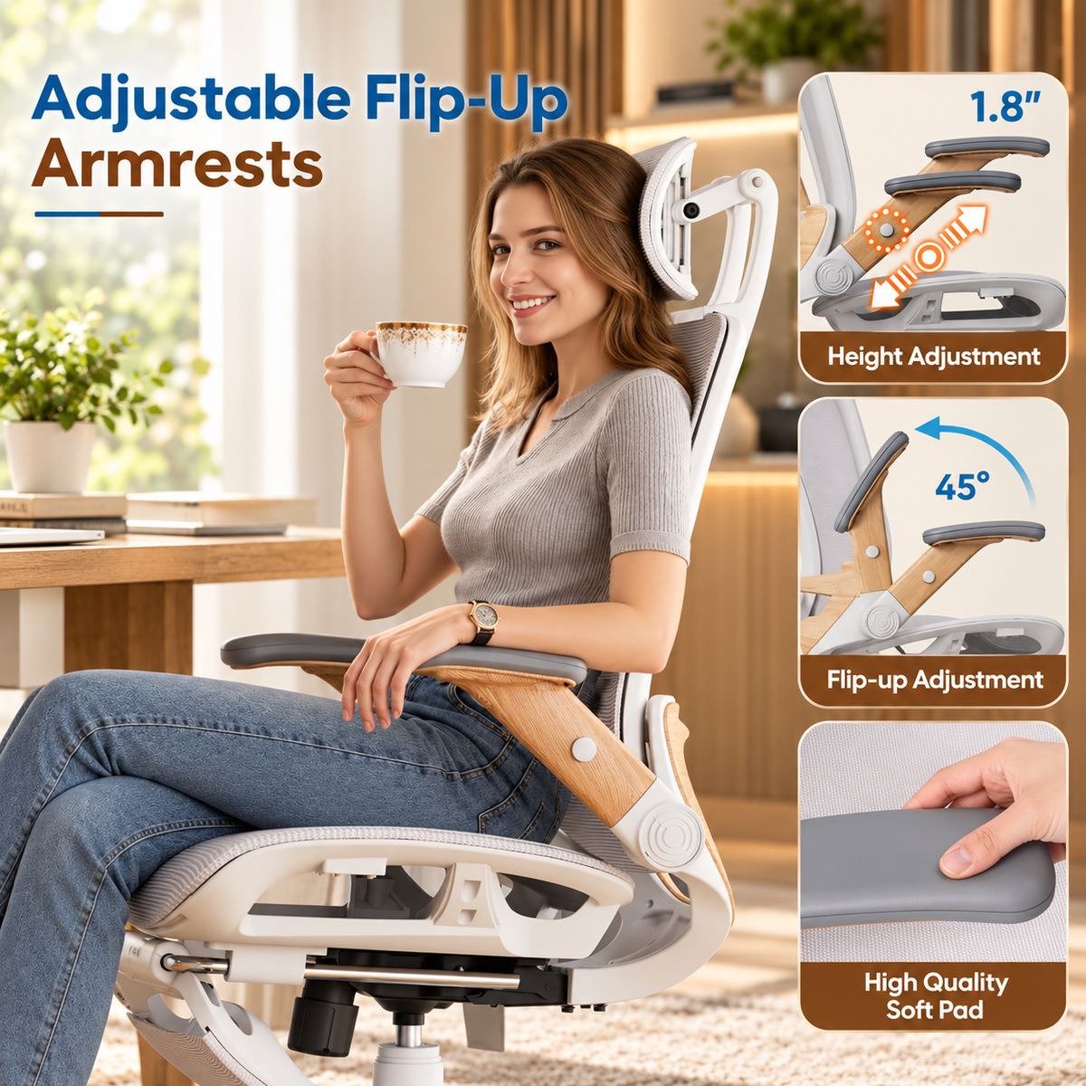 Woman seated in the chair showing adjustable flip-up armrests with 1.8 inch height range and 45 degree flip