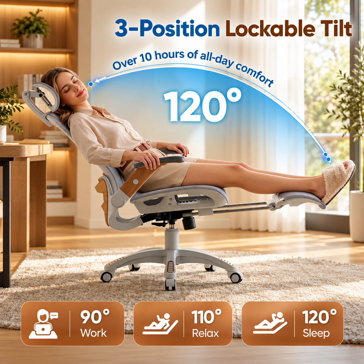 Woman reclined at 120 degrees with feet up on the footrest, three-position lockable tilt