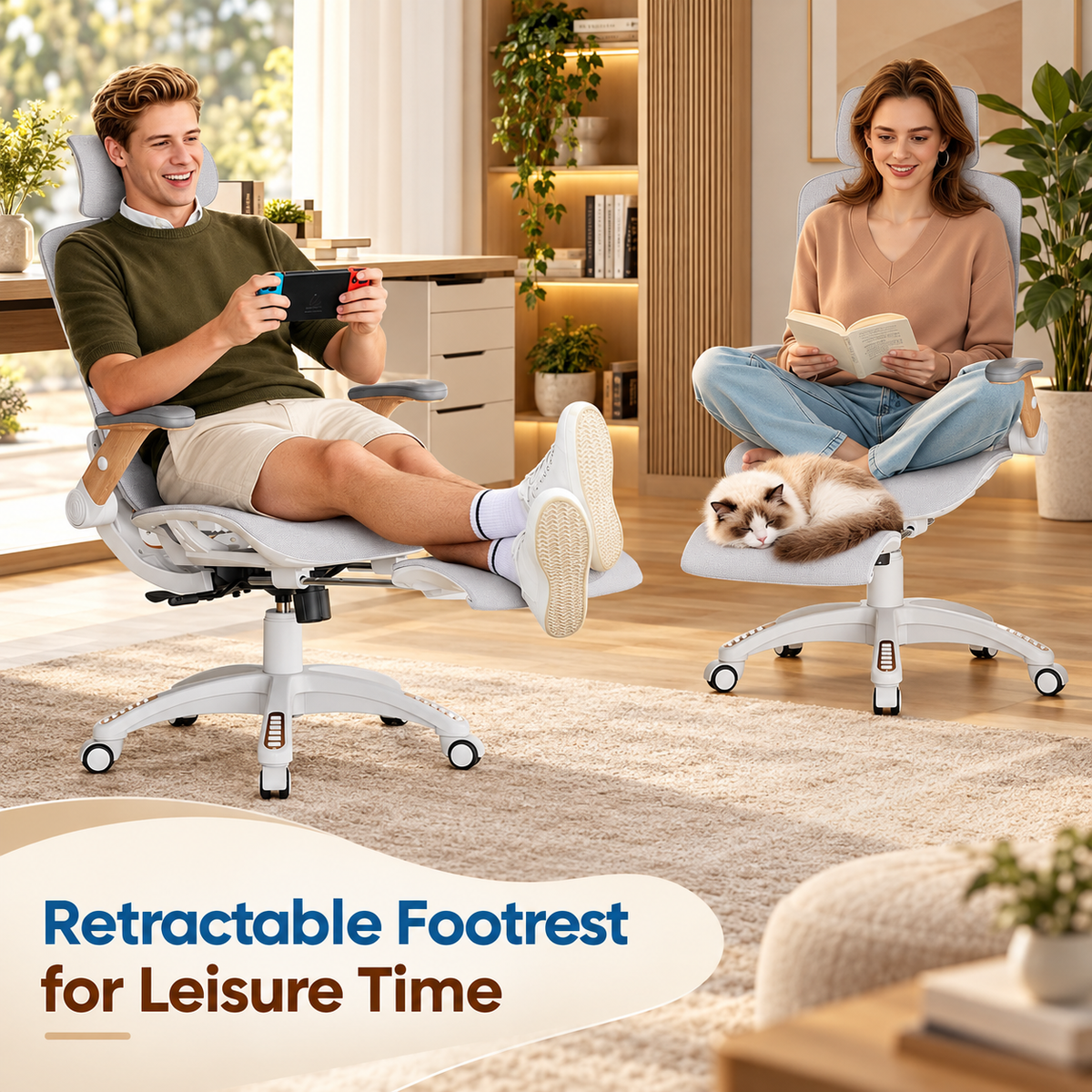 Two people relaxing in mesh chairs with retractable footrests extended