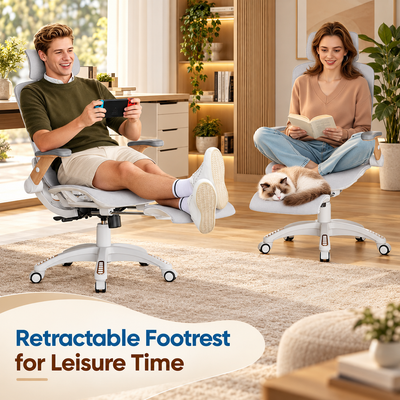 Two people relaxing in mesh chairs with retractable footrests extended