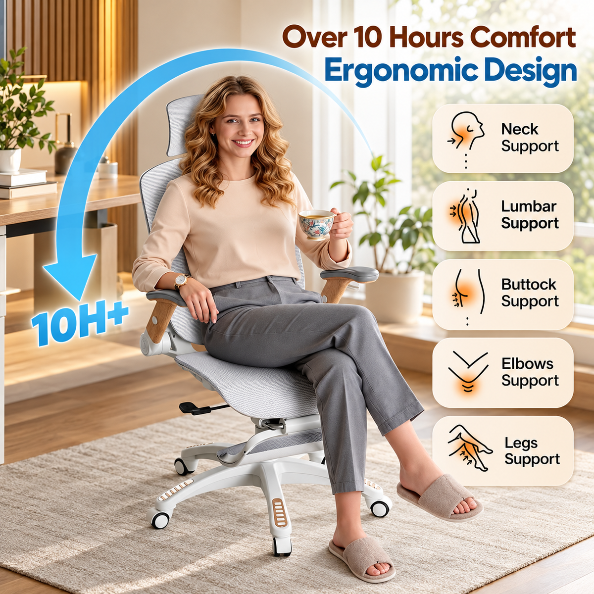 Woman seated comfortably in the ergonomic chair with neck, lumbar, buttock, elbow, and leg support