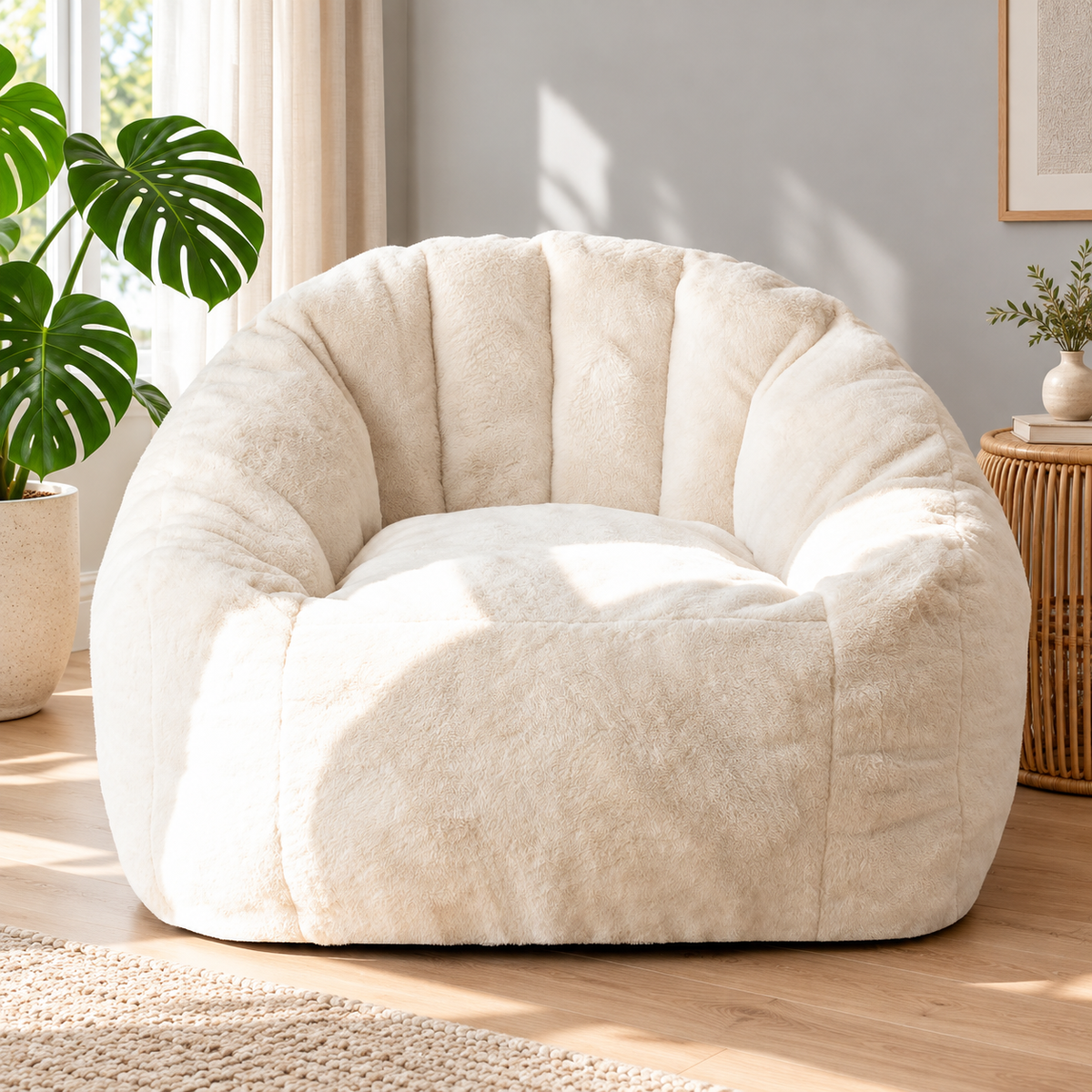 Giant cream faux fur shell bean bag chair with scalloped back in a bright living room