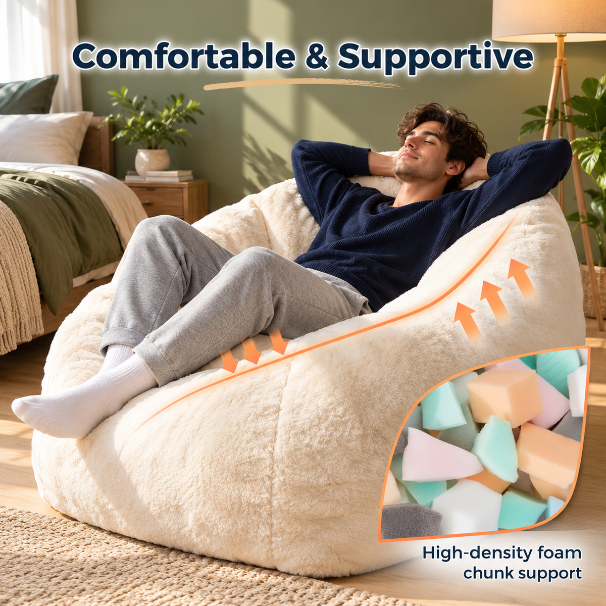 Man lounging in the comfortable, supportive bean bag with high-density foam chunk fill