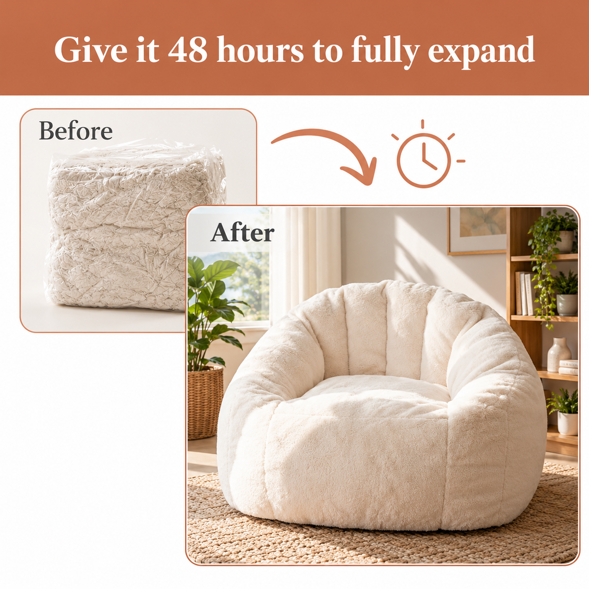 Before and after: give the compressed bean bag 48 hours to fully expand