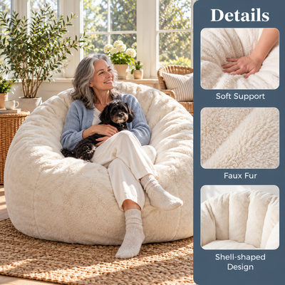 Woman with a dog in the shell bean bag, with soft support, faux fur and shell-shaped design details