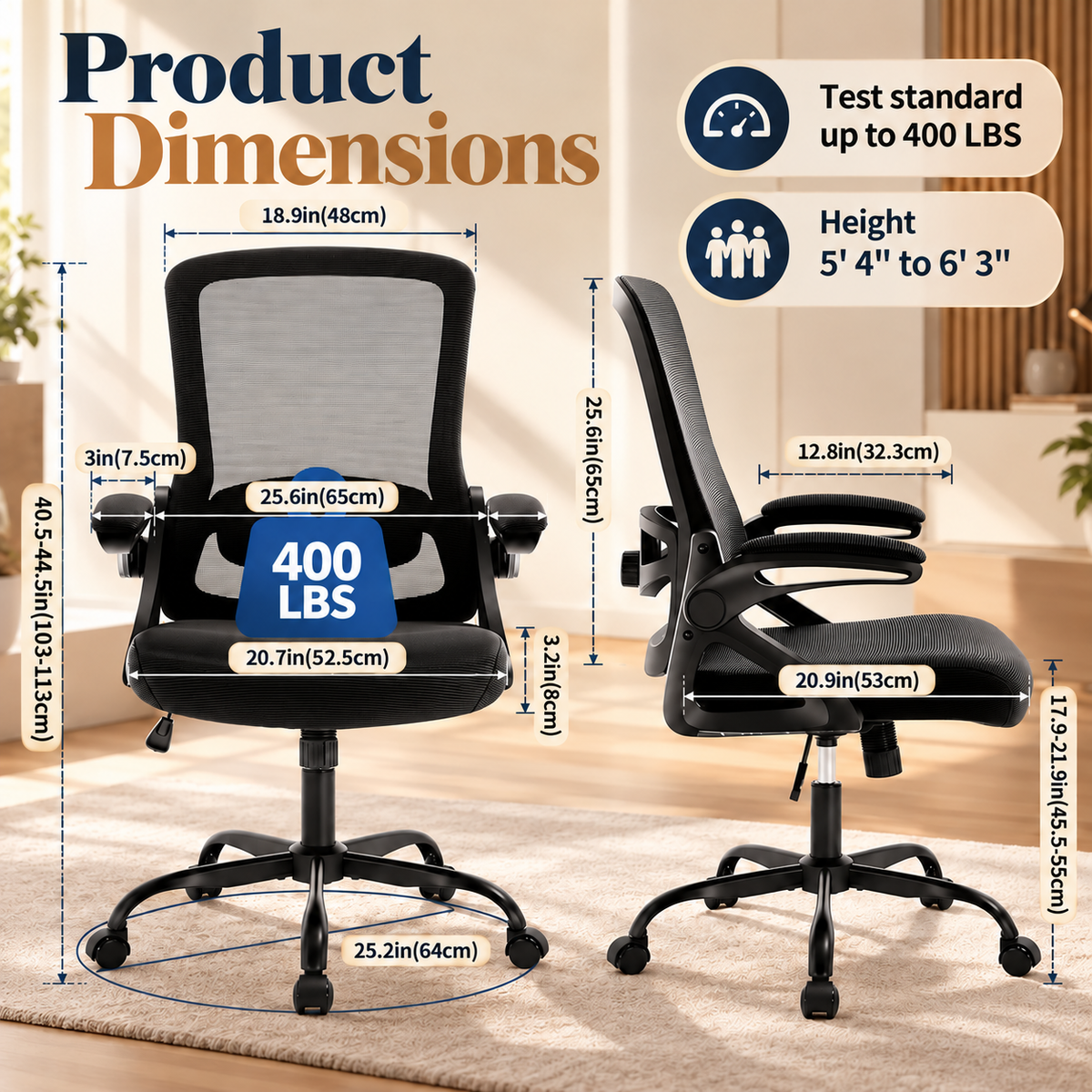 Ergonomic mesh chair product dimensions graphic with 400 lb capacity and 5 foot 4 to 6 foot 3 user height
