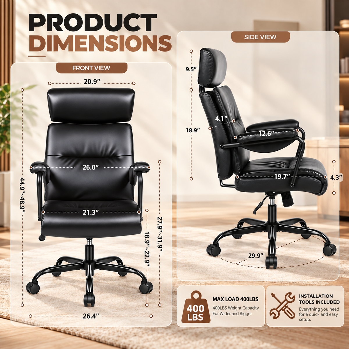 High-Back Executive Office Chair dimensions and 400 lb capacity