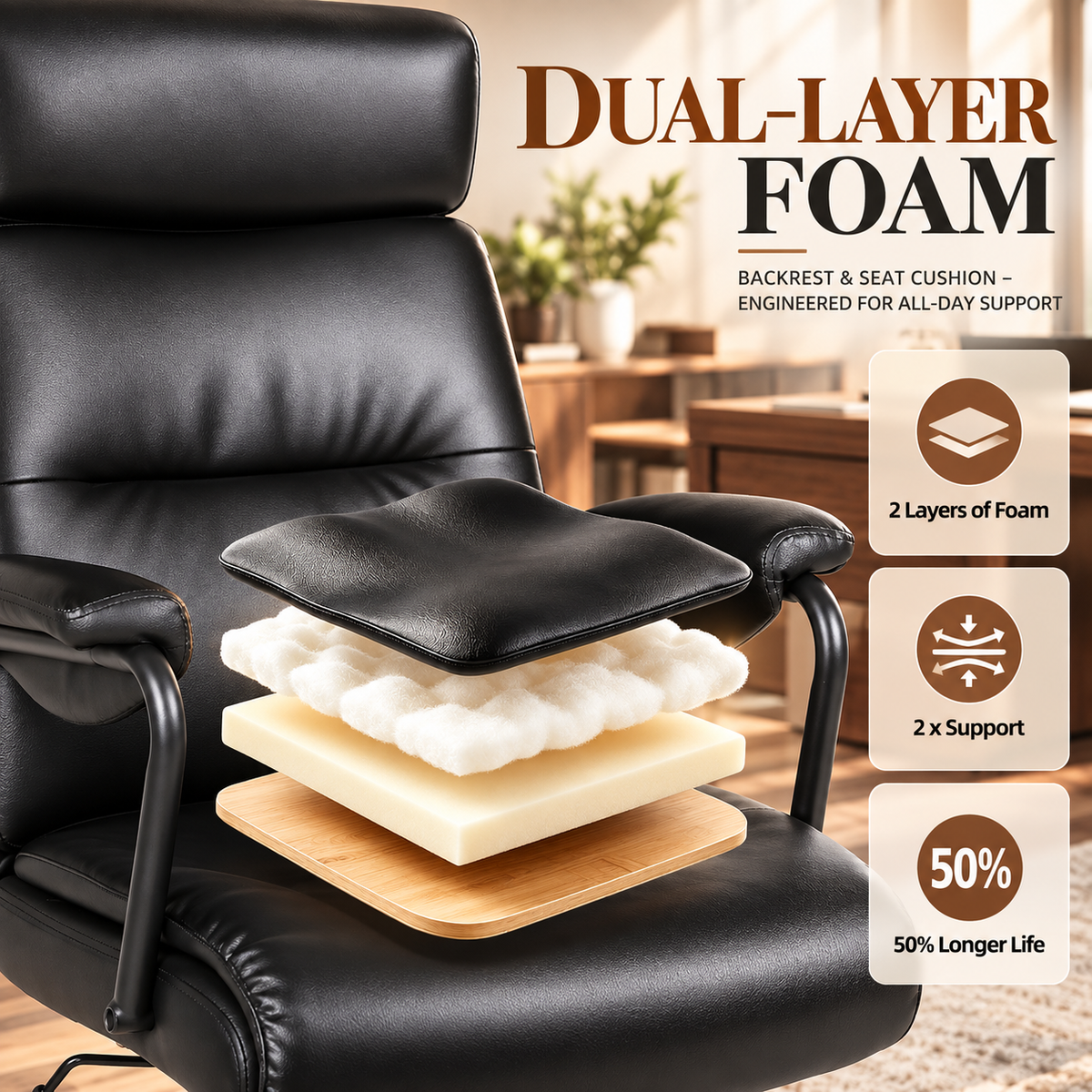 Dual-layer foam cushion cutaway showing comfort and support layers
