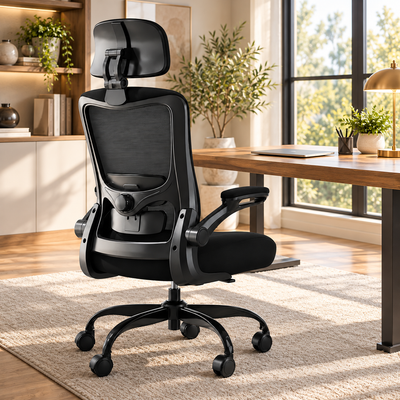 Black high-back mesh ergonomic office chair with headrest and flip-up arm beside a wooden desk