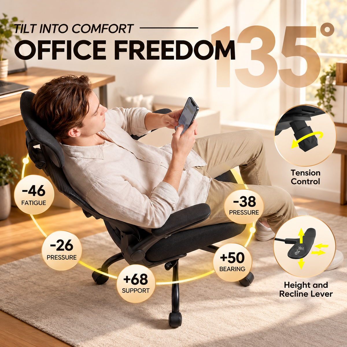 Man reclining in the mesh chair at 135 degrees with tension control and recline lever