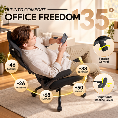 Man reclining in the mesh chair at 135 degrees with tension control and recline lever