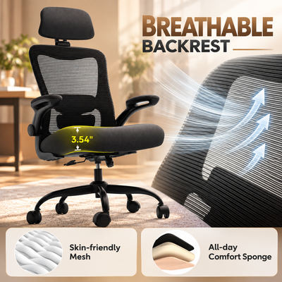 Breathable mesh backrest and 3.54 inch thick comfort sponge seat cushion