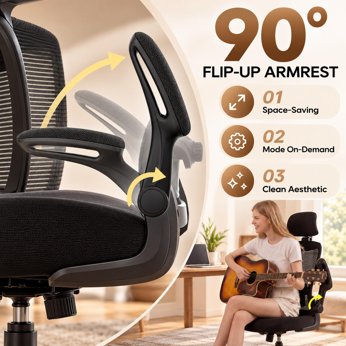 90 degree flip-up armrest for space saving, with a woman sitting in the chair