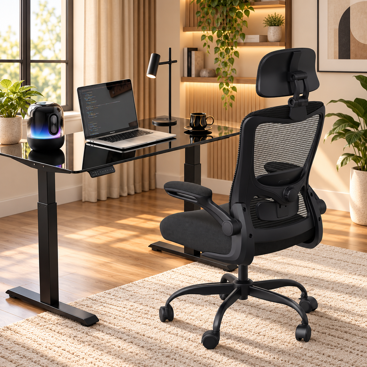 Black mesh ergonomic chair at a standing desk with laptop in a home office