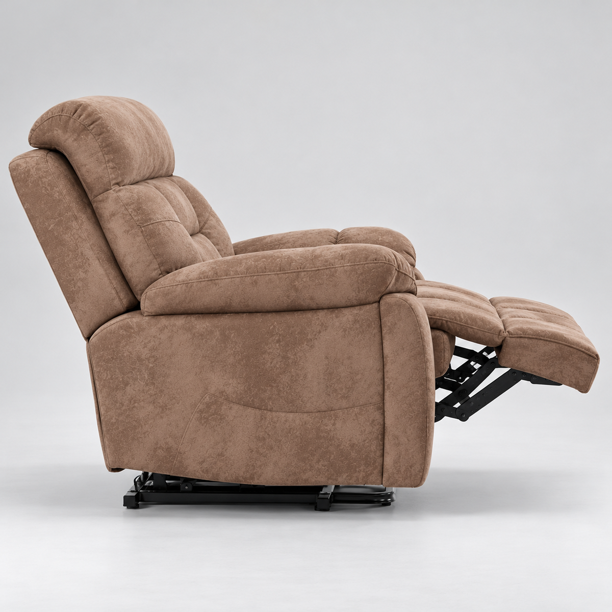 Side view of the tan power lift recliner with the footrest extended in the reclined position