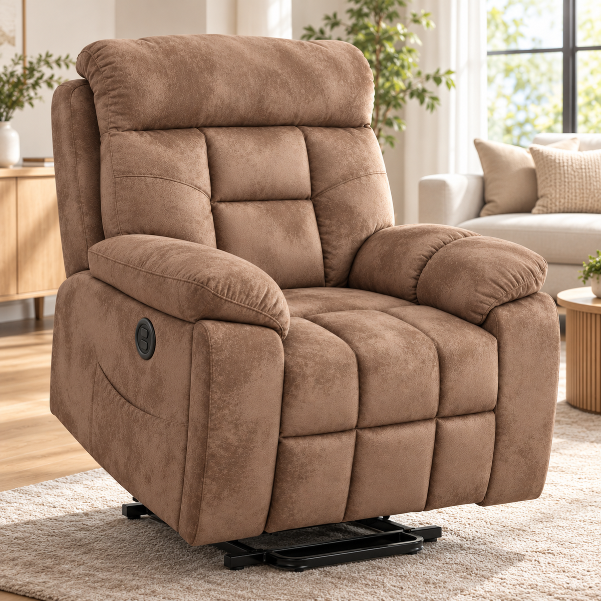 Tan power lift recliner in a bright living room beside a sofa and wooden side table