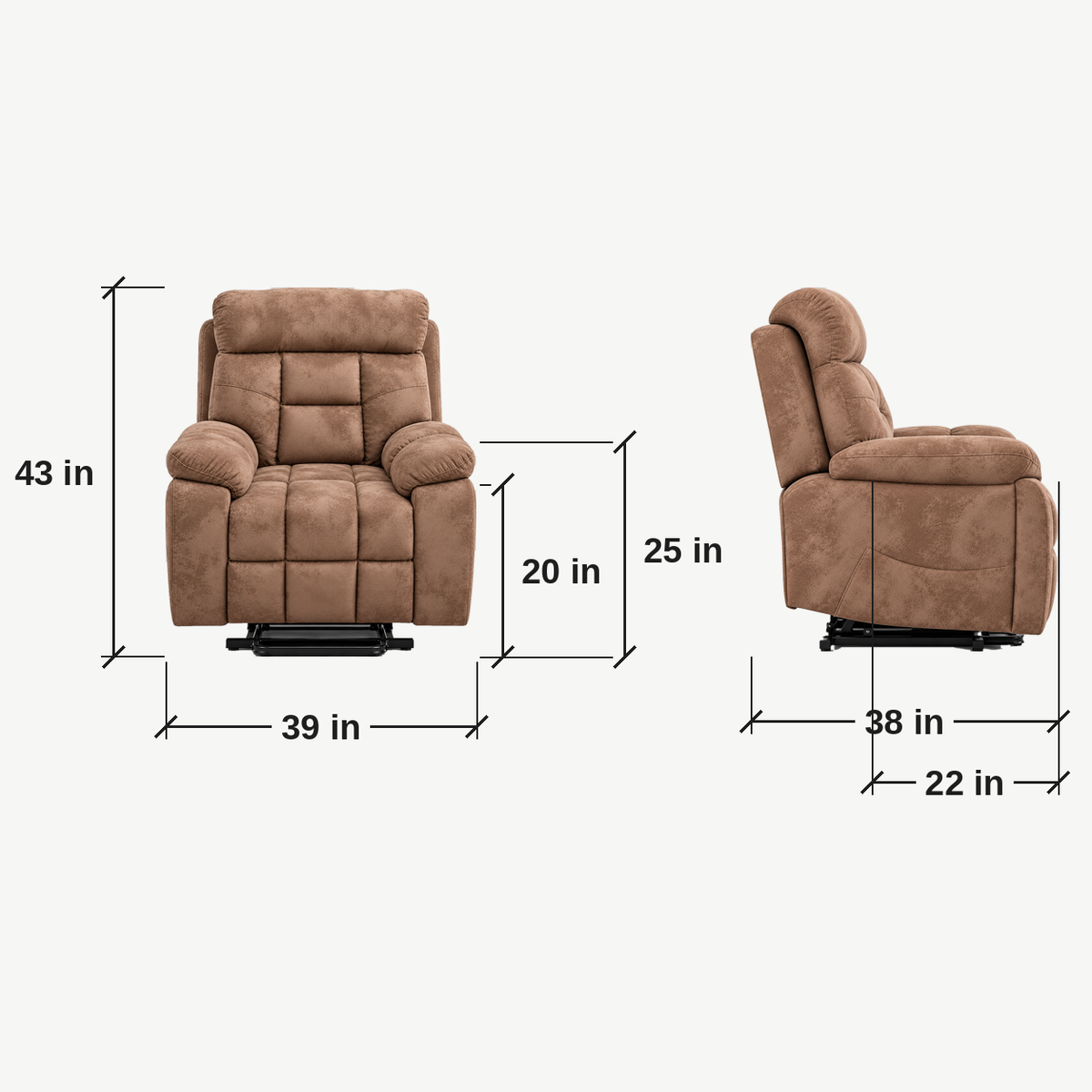 Power lift recliner dimensions graphic showing 43 inch height, 39 inch width, 38 inch depth, 20 inch seat height, 25 inch arm height and 22 inch seat depth