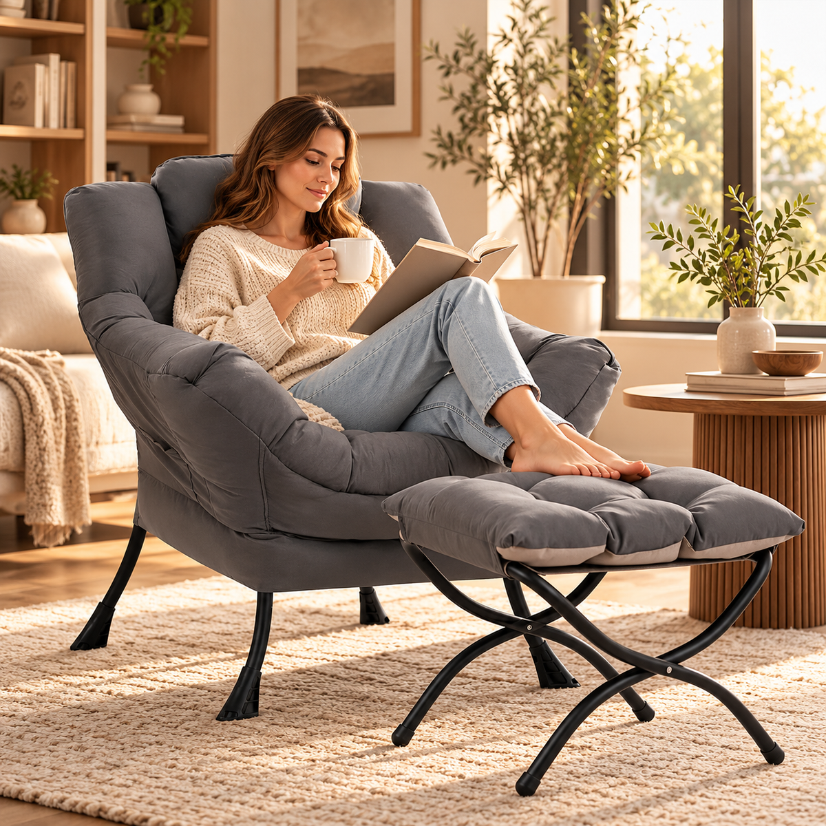 Woman reading with a mug, feet up on the ottoman of the gray lounge chair