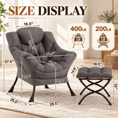 Size chart: 28.5 x 25.5 x 37.4 inch chair, 16.9 inch seat height, 18.5 x 14.8 x 15 inch ottoman, 400 lb and 200 lb capacity