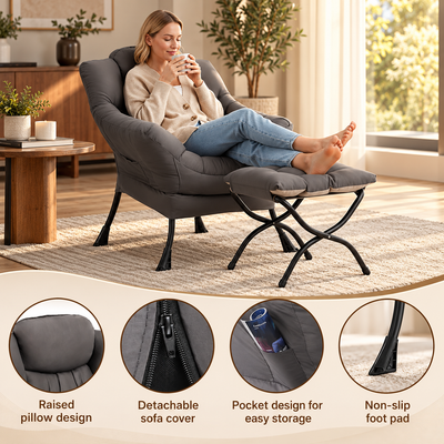 Raised pillow, detachable cover, side storage pocket and non-slip foot pad details