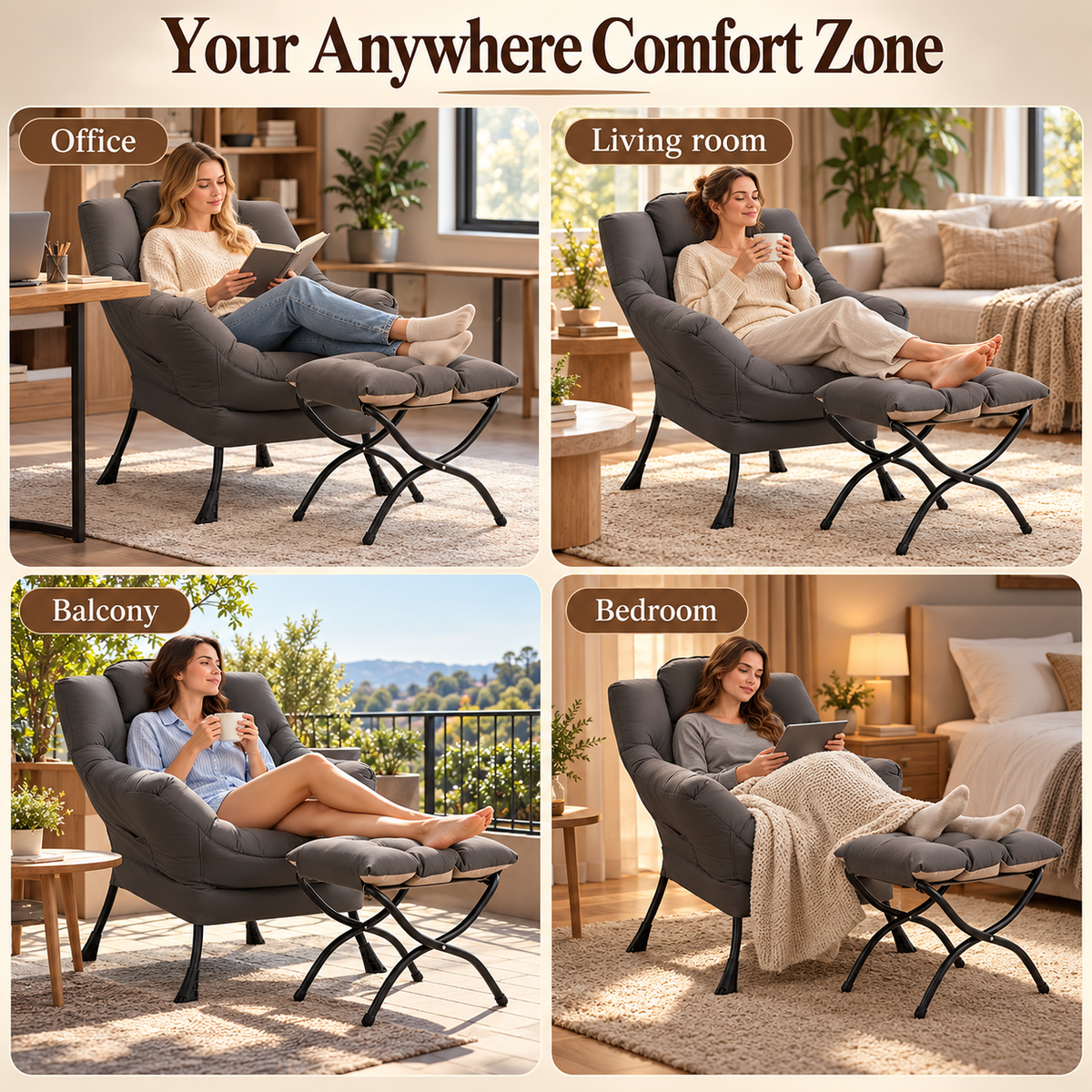 Lounge chair and ottoman shown in an office, living room, balcony and bedroom